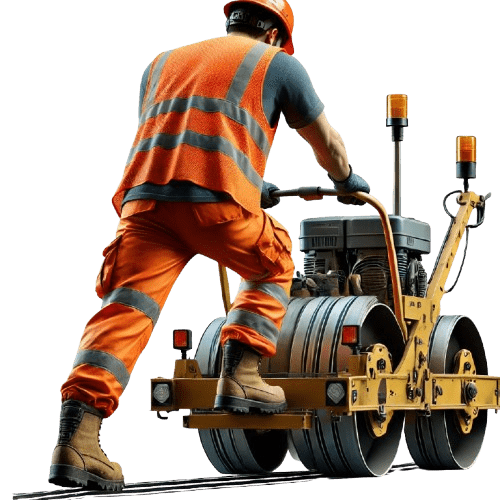 Thomas Telatinski der Inhaber von D+V GmbH und Telatinski Markierungen bedient eine Maschine für Bodenmarkierungen